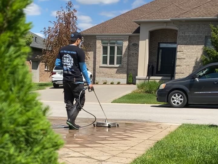Freshly power washed paver driveway and walkway in London, Ontario